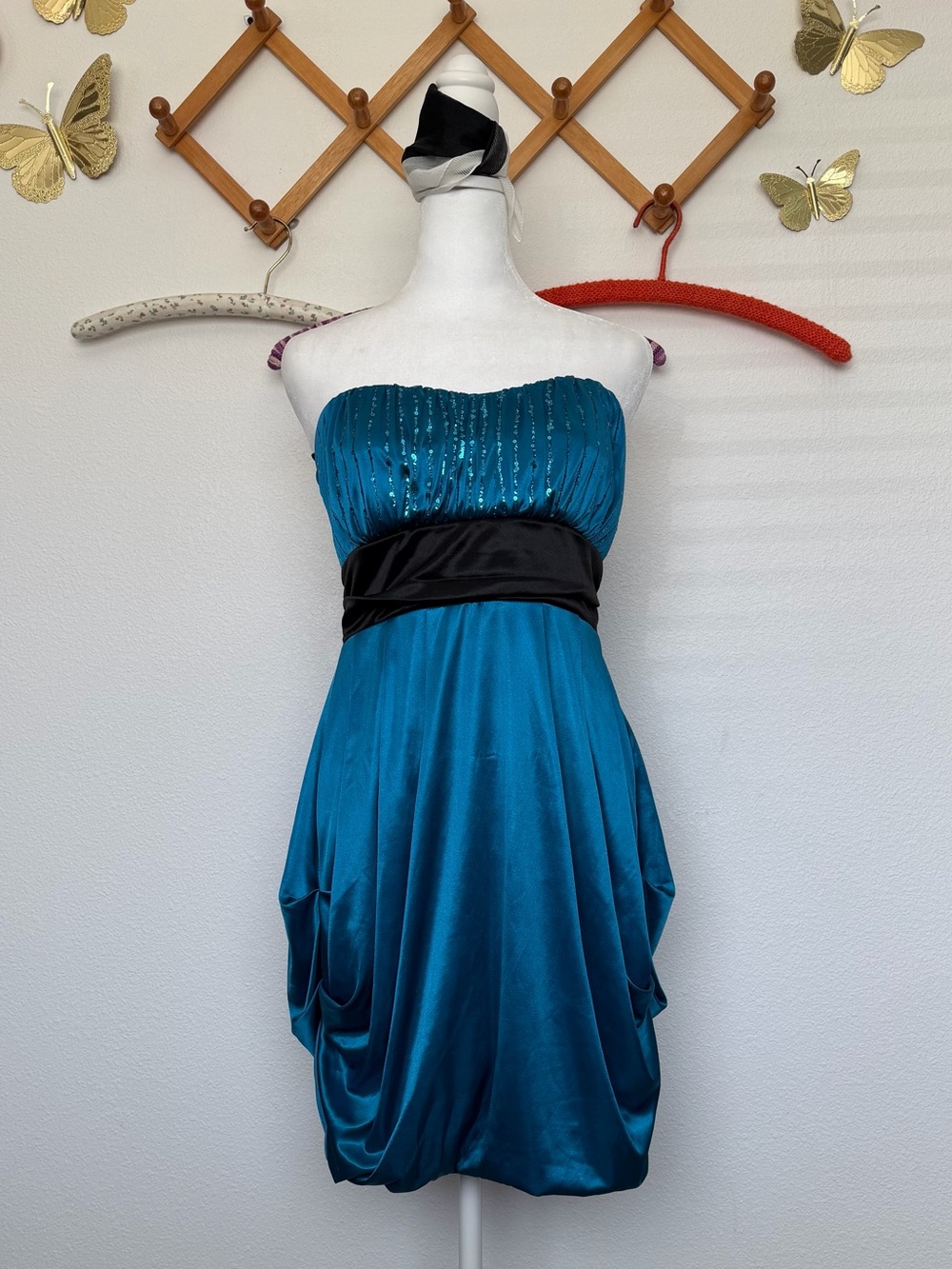 Vintage Y2K Ruby Rox Teal & Black Strapless Bubble Hem Satin Dress Size Large